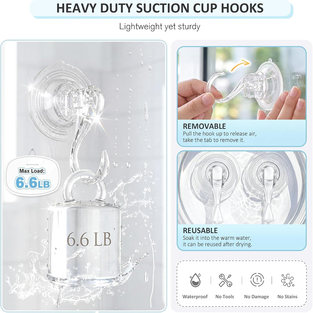 VIS'V Suction Cup Hooks - Heavy Duty Shower Hooks, Removable & Reusable, Clear | 2 Pcs