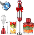 KOIOS 5-in-1 Hand Immersion Blender - 1000W 12-Speed Handheld Mixer with Copper Motor & Stainless Steel Blade | Includes 600ml Beaker, 500ml Food Processor, Whisk & Milk Frother - Non-BPA, Red