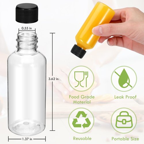 Revahope 24 Pack 2 oz Shot Bottles with Caps, Mini Reusable Plastic Ginger Shots Bottle Leakproof Juice Shot Bottles with Lids for Juice, Oil and Liquid Samples, Small Containers for DIY, Travel