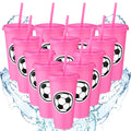 Domensi 12 Pcs Sport Soccer Plastic Cups with Lid and Straw 24 oz Reusable Plastic Cups Coffee Tumblers Gift for Fan Friend Guest Birthday Office Sport Party Supplies (Pink)