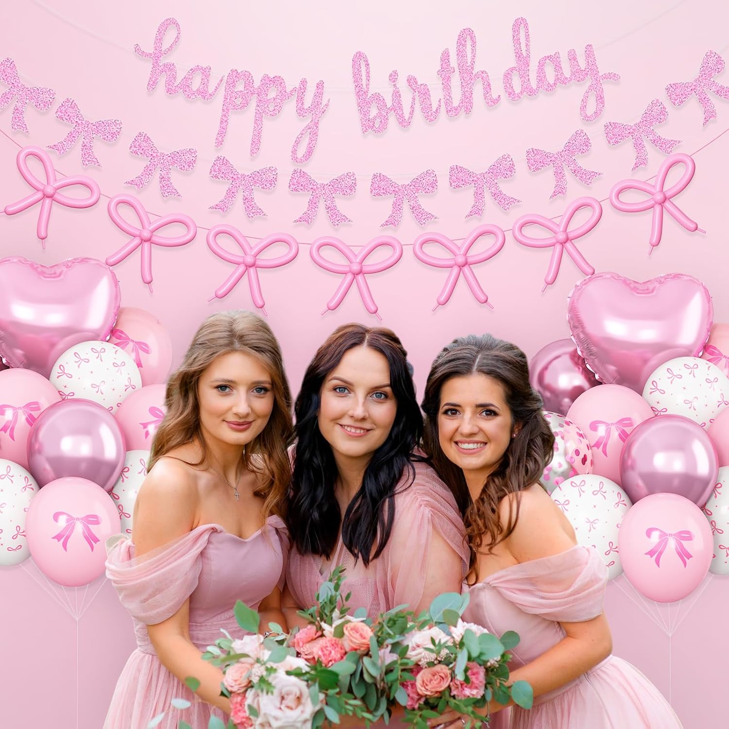 Skiennix Pink Bow Birthday Decorations - Coquette Party Set with Happy Birthday Banner & Heart Foil Balloons