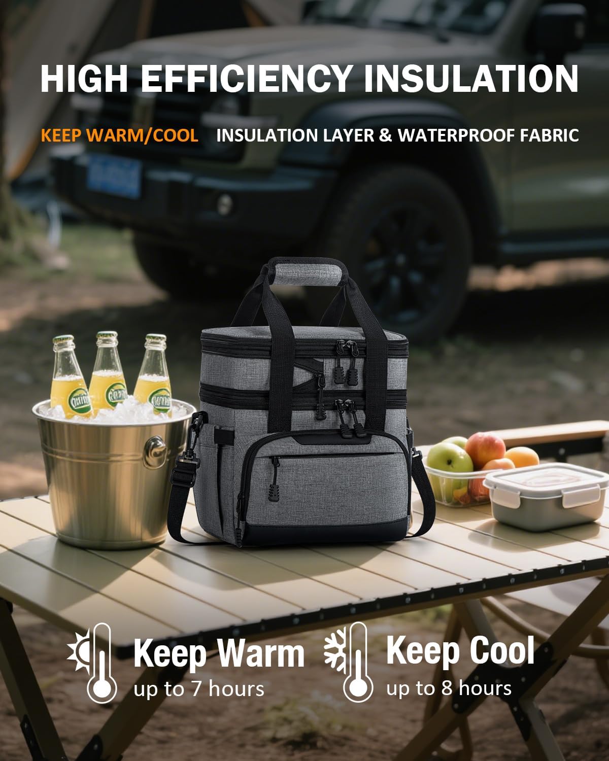 Skiennix Large Insulated Lunch Box - Dual-Compartment Cooler Bag for Work & Picnic | Grey 24-Can (14L)