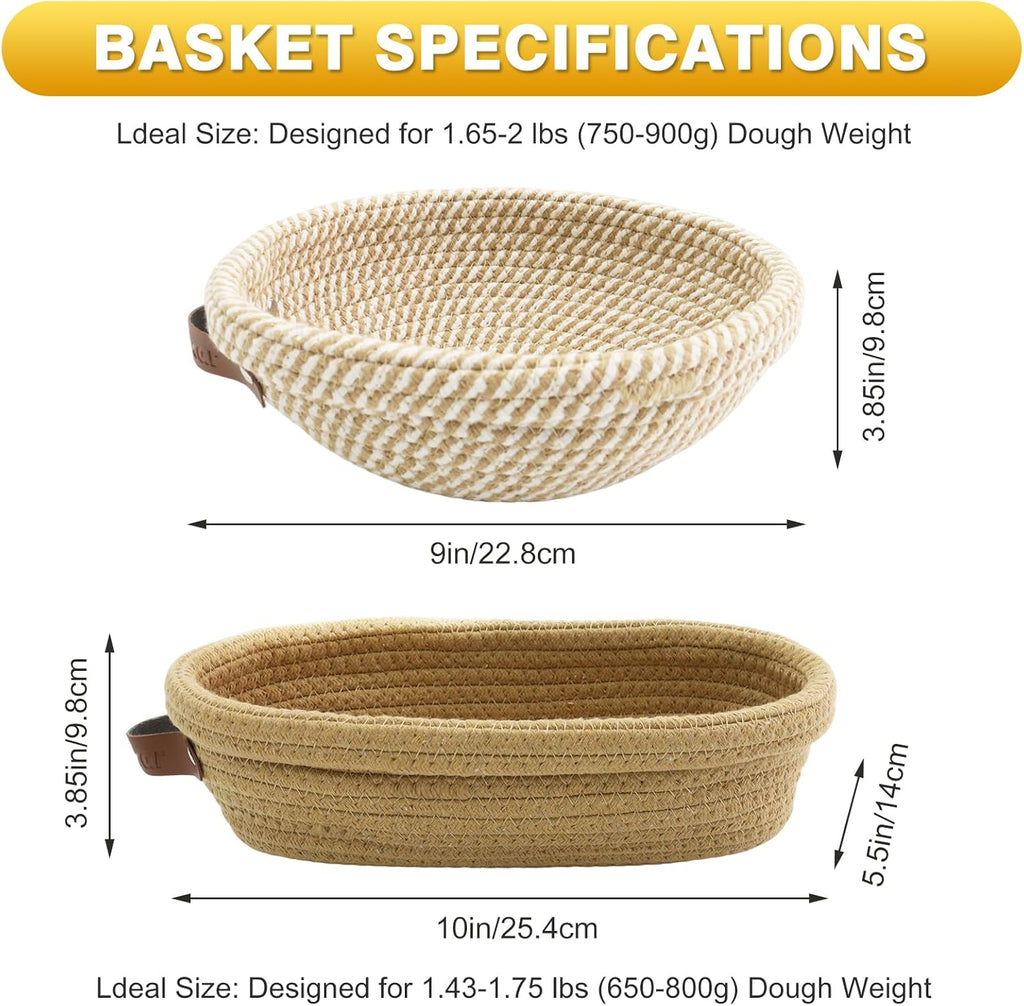 Nikkar Banneton Bread Proofing Basket Set - Round & Oval Cotton Rope Bowls, 9-11 Inches, Perfect for Sourdough Baking