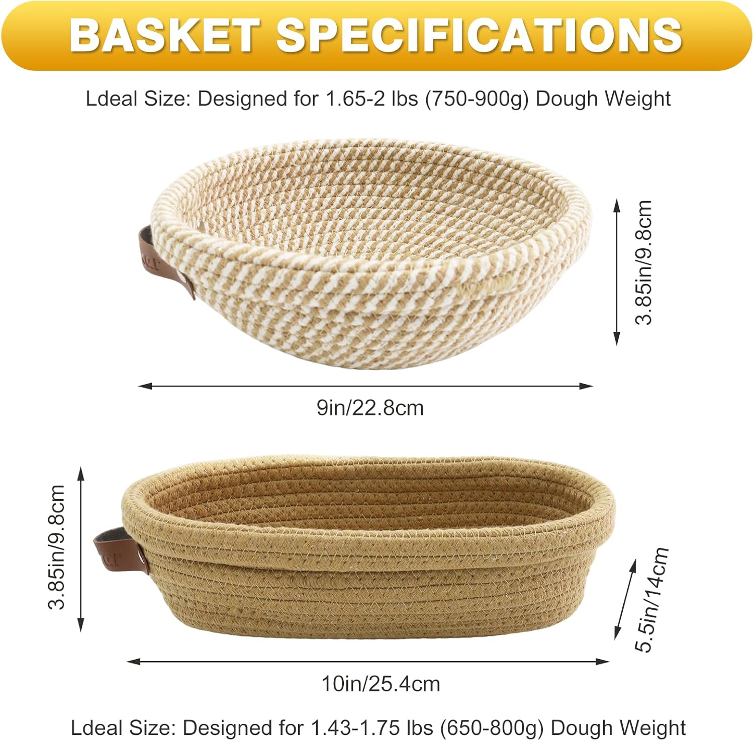Nikkar Banneton Bread Proofing Basket Set - Round & Oval Cotton Rope Bowls, 9-11 Inches, Perfect for Sourdough Baking