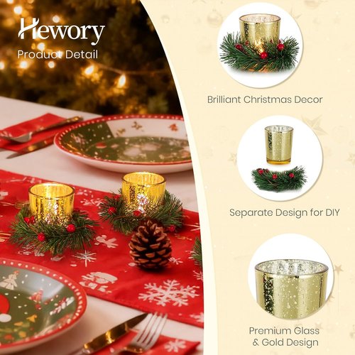 Hewory Tealight Candle Holders - Set of 6 Decorative Gold Xmas Wreath Votives for Holiday Centerpieces