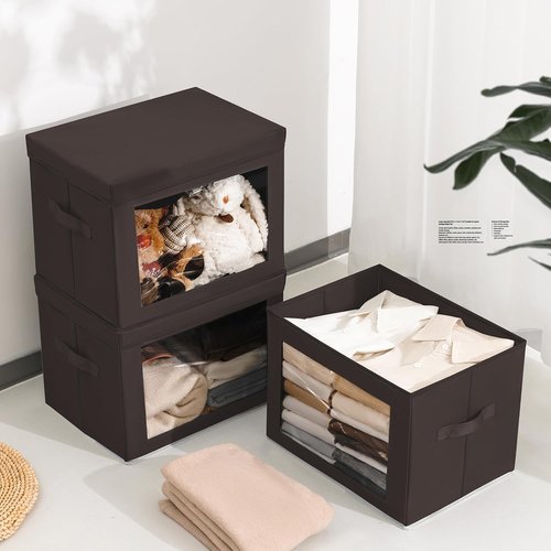 Homsorout Stackable Storage Bins - Large Foldable Closet Organizers with Lids | 6 Pack, Brown