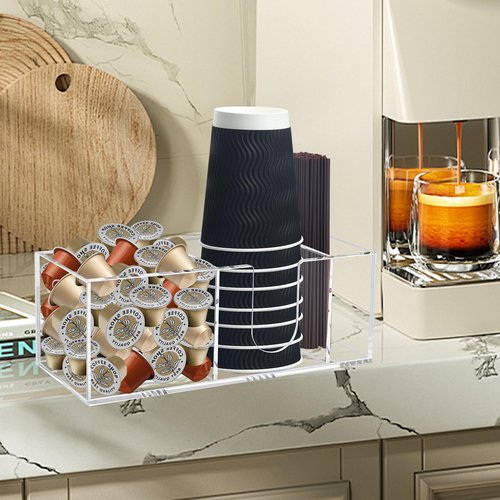 Goindy Coffee Bar Accessories and Organizer, Disposable Cup Holder for Countertop, Acrylic Storage and Organization for Cup Lid Stirrers Pod, Farmhouse Table Decor