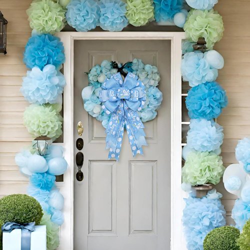 Montekin Large Baby Shower Bows - 20x11 Inch Wired Burlap Wreath Bow for Boys & Girls | Spring Decor (Blue)