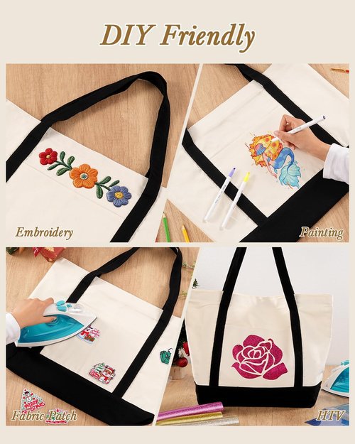Lzerking 3 Pack Large Canvas Tote Bag with Zipper and External Pocket, Heavy Duty Reusable Grocery Bags for Beach, Travel, DIY, Wedding, Women, Gift (Natural Color)