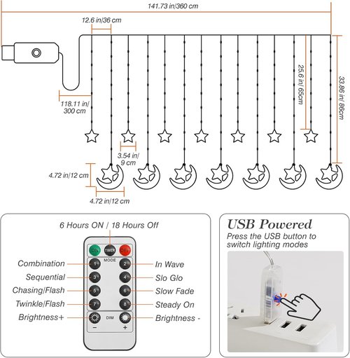 Lewondr LED Moon Star Curtain String Lights - 138 Fairy Lights with Remote Control & Timer | Perfect for Ramadan Decor