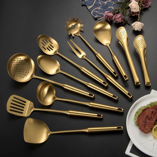 304 Stainlss Steel Matte Kitchen Utensils Set, 11 Pcs Long Metal Cooking Utensil Gadgets Tools Set with Spatula, Spoon, Ladle, Skimmer, Tunner, Pasta Server, Tongs(Gold, Dishwasher Safe)