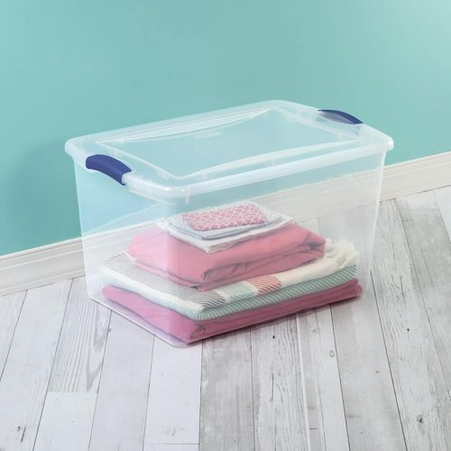 66 Quart Durable Storage Bin by [Brand Name] - Clear Plastic Container with Secure Blue Latch Lid | Stackable for Home & Garage Organization