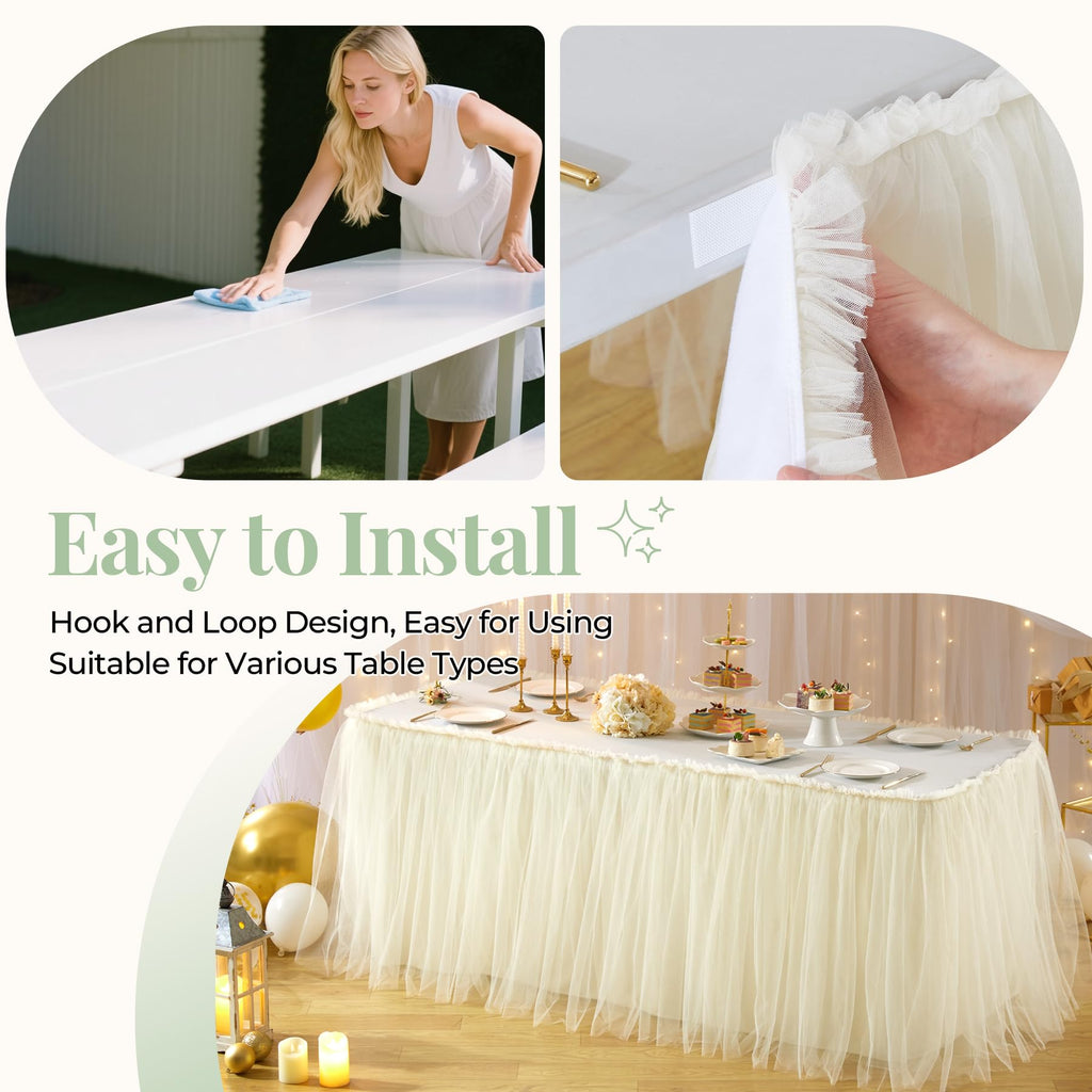 PARTISKY 21FT Length Champagne Tulle Table Skirt for Rectangle Tables 2-Layer Ruffle Tulle Tutu Cloth Desk Table Skirt for Baby Shower Girl Birthday Party Wedding Cake Dessert Decorations