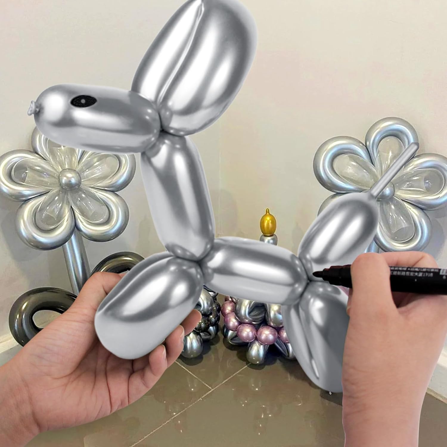 Skiennix Metallic Silver Balloons - 100 Pcs Long Skinny Latex Twisting Balloons for Animal Modeling | Perfect for Christmas & Birthday Parties