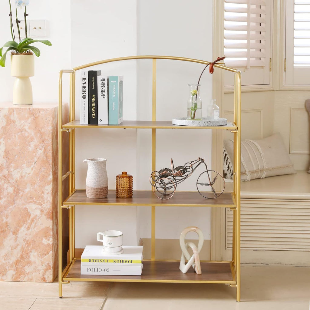 Crofy Folding Bookshelf - No Assembly Required, 3-Tier Gold Bookcase for Living Room & Home Office