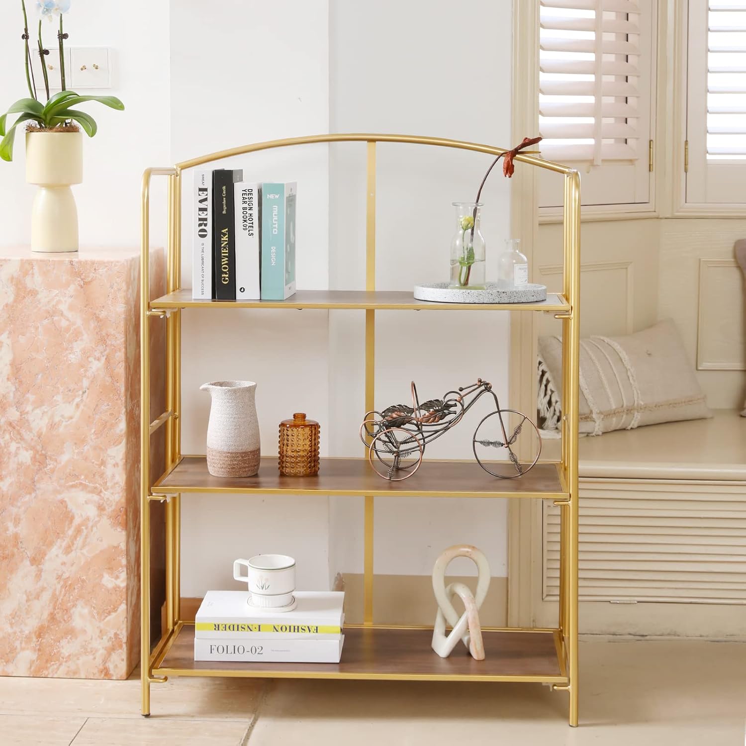 Crofy Folding Bookshelf - No Assembly Required, 3-Tier Gold Bookcase for Living Room & Home Office