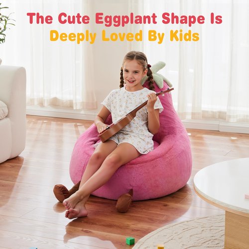 NEWBULIG Bean Bag Chair for Kids, Toddler Reading Comfy Sofa with Washable Soft Faux Rabbit Plush Cover, Kids Eggplant Bean Bag Chair for Bedroom, Playroom Living Room, Ages 4-12, 31 Inch, Rose Red