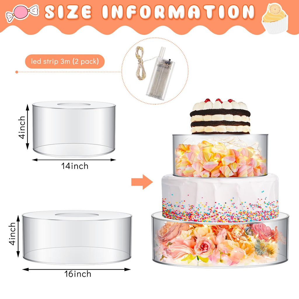 Sunnyray 2 Pcs Acrylic Cake Stands for Dessert Table Clear Fillable Cake Riser Cupcake Tier with LED Strings for Birthday Wedding Holiday Party Display(14'', 16'')