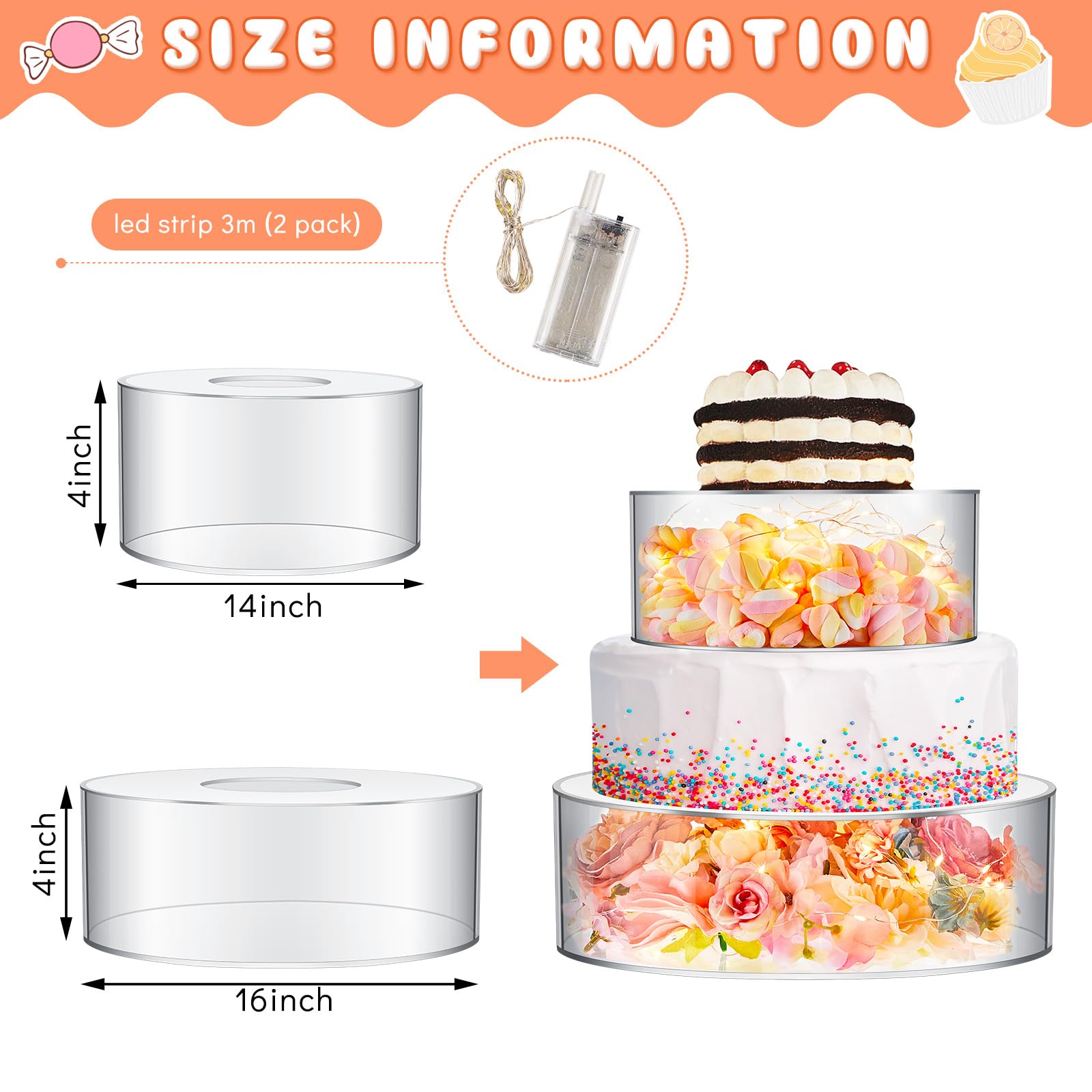 Sunnyray 2 Pcs Acrylic Cake Stands for Dessert Table Clear Fillable Cake Riser Cupcake Tier with LED Strings for Birthday Wedding Holiday Party Display(14'', 16'')
