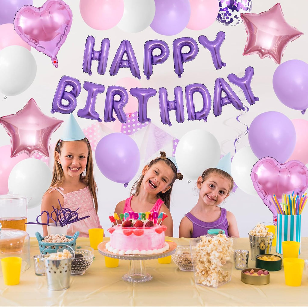 Regine Switzerland Pink Purple Birthday Decorations - Happy Birthday Balloon Banner & Confetti Balloons for Girls & Kids