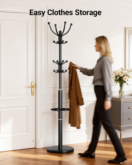 Pipishell Metal Coat Rack with Sturdy Marble Base, Coat Tree with 16 Hooks & Detachable Umbrella Holder, Freestanding Coat Rack for Entryway, Corner, Bedroom and Home Office, Black