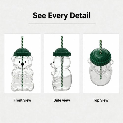 gaulofo 20oz Bear-Shaped Glass Cup, Cute Reusable Glass Tumbler with Lid and Straw for Coffee, Milk Tea, Birthday & Holiday Gift (Green)