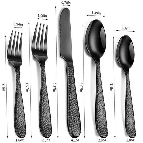 Black Hammered Silverware Set, 20-Piece Heavy Duty Stainless Steel Flatware Sets for 4, Food-Grade Cutlery Set for Home Restaurant, Mirror Polished, Dishwasher Safe