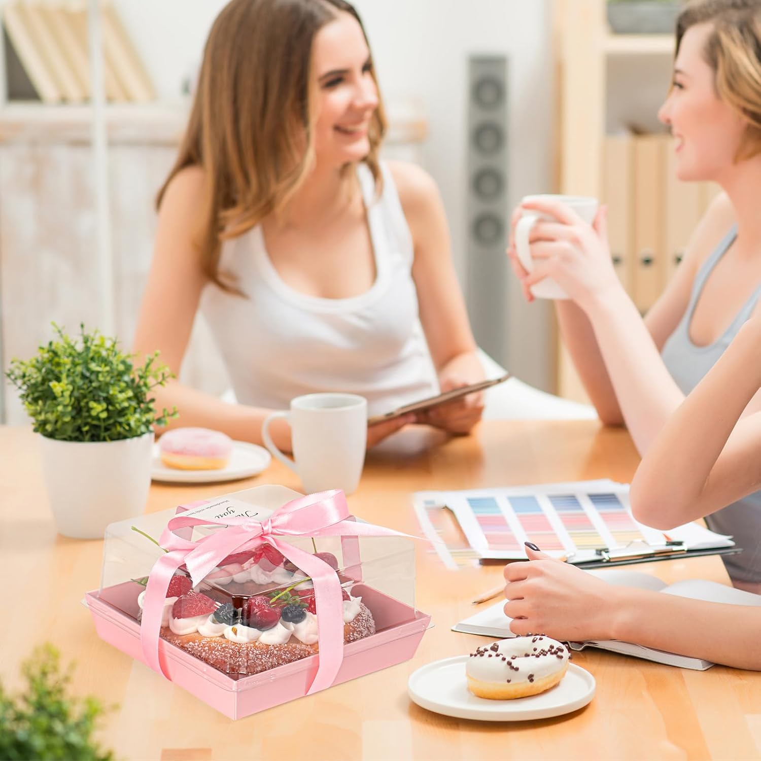 Regine Switzerland Paper Cake Boxes - 50 Pack Pink Large Charcuterie Containers | Clear Lids, 7x7x4 Inches for Desserts