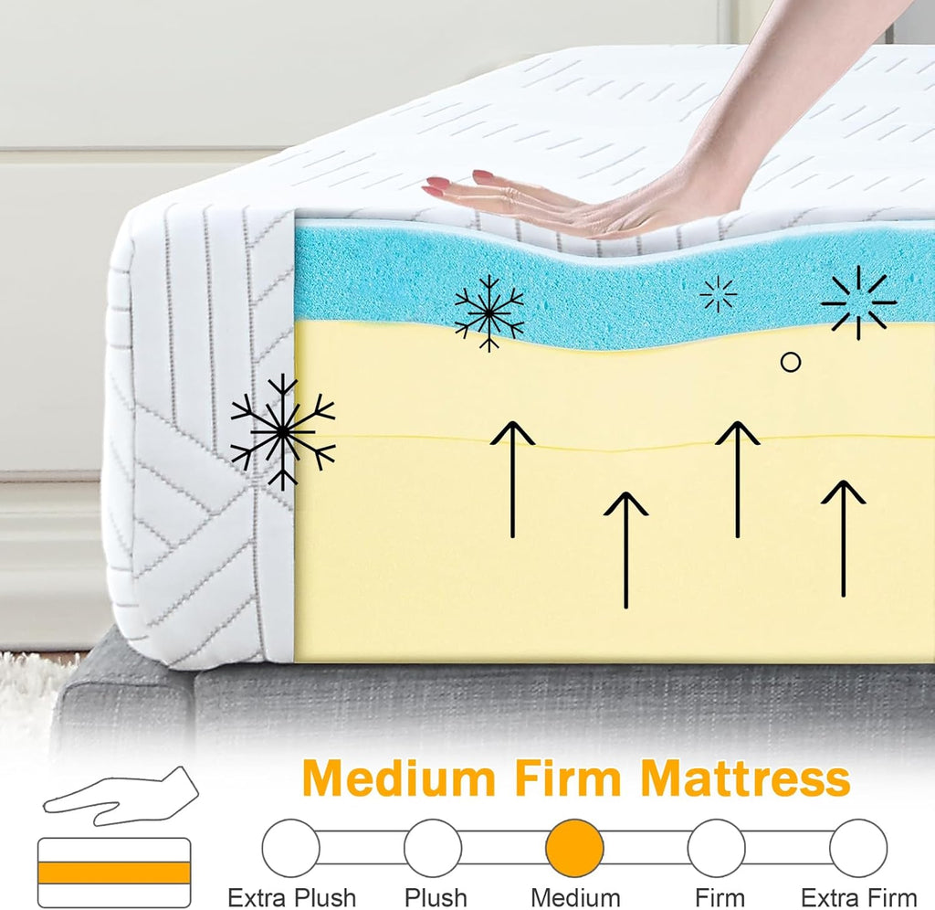 Skiennix Twin Size Gel Memory Foam Mattress - Medium Firm Support, Removable Cover, Breathable Fabric