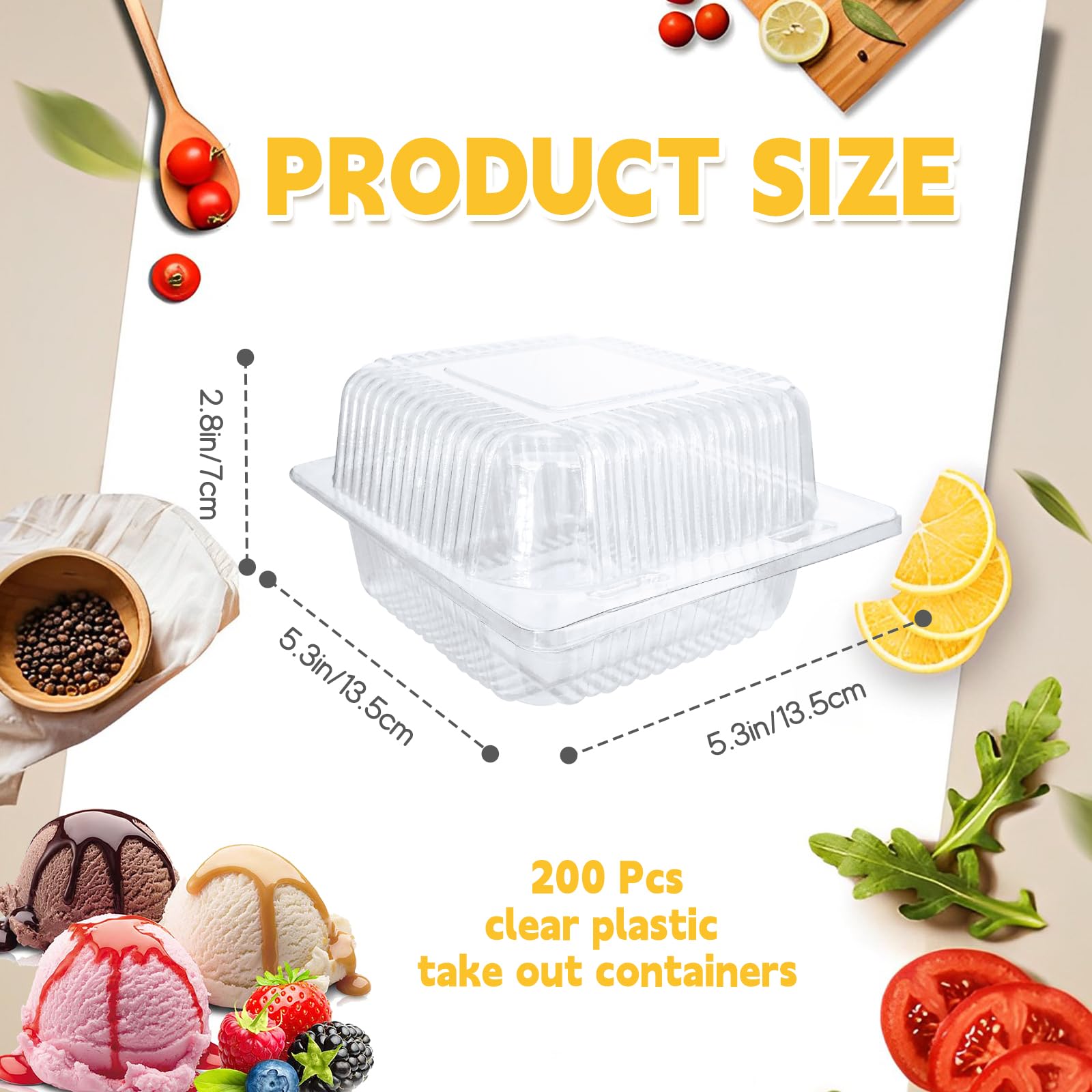 Jizvxe 200 Pcs Clear Plastic Take out Containers,Disposable Fancy Hinged Top Square Clamshell Food Boxes,Cake Slice Containers Clamshell Takeout Tray with Clear Lids,5.3x4.7x2.8 Inch