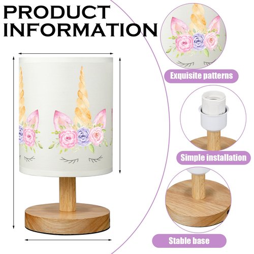 VIHOSE Unicorn Kids Table Lamp for Bedroom Kids Bedside Lamp with Linen Wooden Nightstand Cartoon Nursery Lampshade for Girls Boys Living Room
