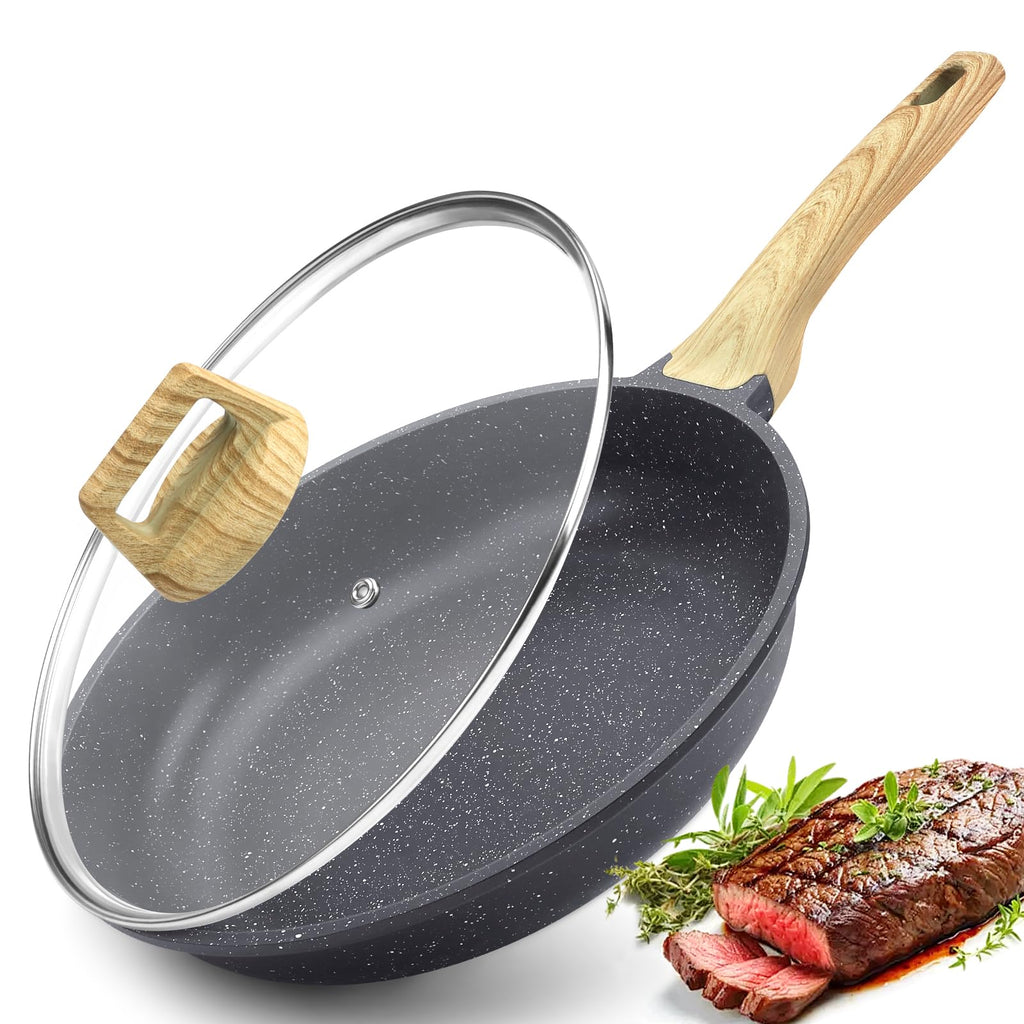 GiPP Nonstick Frying Pan Skillet with Lid - 9.5" Grey Granite Non Stick Pans, Omelette Pan with Heat-Resistant Handle, Compatible with All Stovetops, PFOA Free