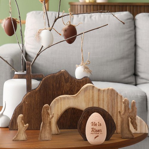 BrightRow Empty Tomb Easter Scene and Christian Cross Decorations Wooden He is Risen Easter Egg Jesus Resurrection Scene Tomb Tabletop for Religious Christian Home Office Indoor Decor