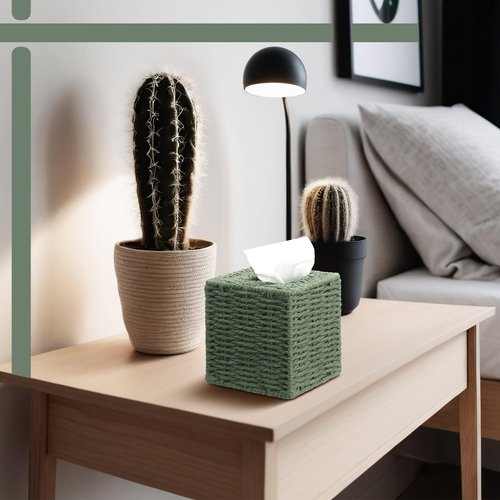 Acellegic Sage Green Tissue Box Cover Square Natural Paper Rope Hand Woven Tissue Box Holder for Bathroom Living Room Bedroom Kitchen Table Desk Office Boho Home Decor