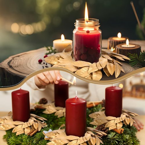 Domensi 2 Pcs Christmas Artificial Gold Bay Leaf Candle Rings Gold Bayleaf Candleholders Wreath for Pillar Candles 3.9 Inch Candles Holder for Christmas Rustic Table Centerpiece Decor