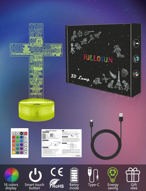 FULLOSUN Jesus Cross Gift, Jesus Cross Night Light, 3D Illumination Lights with Remote 16 RGB Colors Change Kids Men Women Room Lighting Creative Decoration