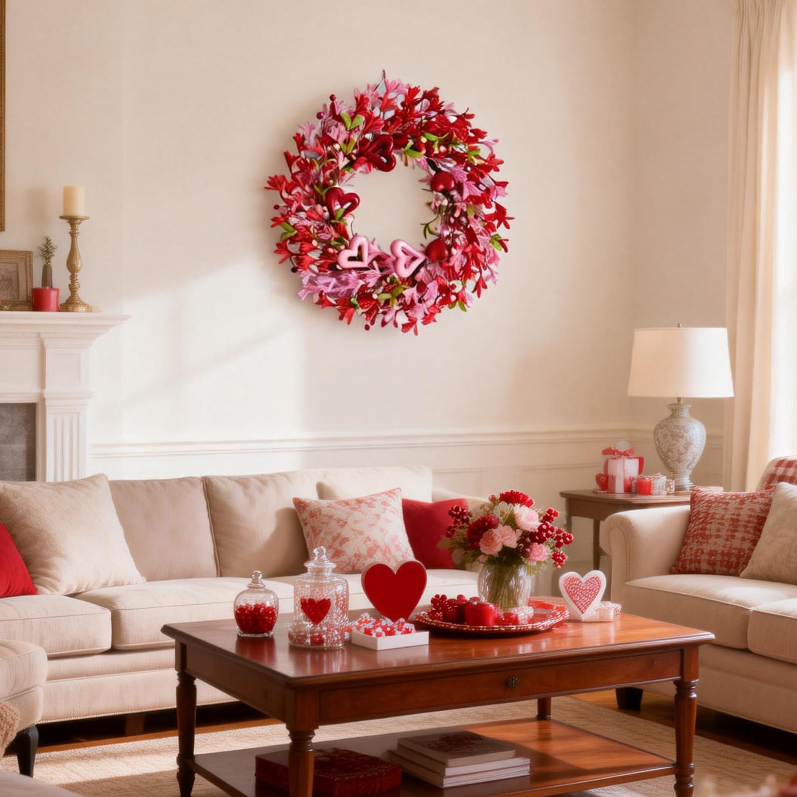 TEMPUS 20 Inch Openwork Heart Shaped Wreath for Spring Pink & Red Forsythia with Heart Berries for Front Door-Love Decor for Mothers Day Anniversary Party