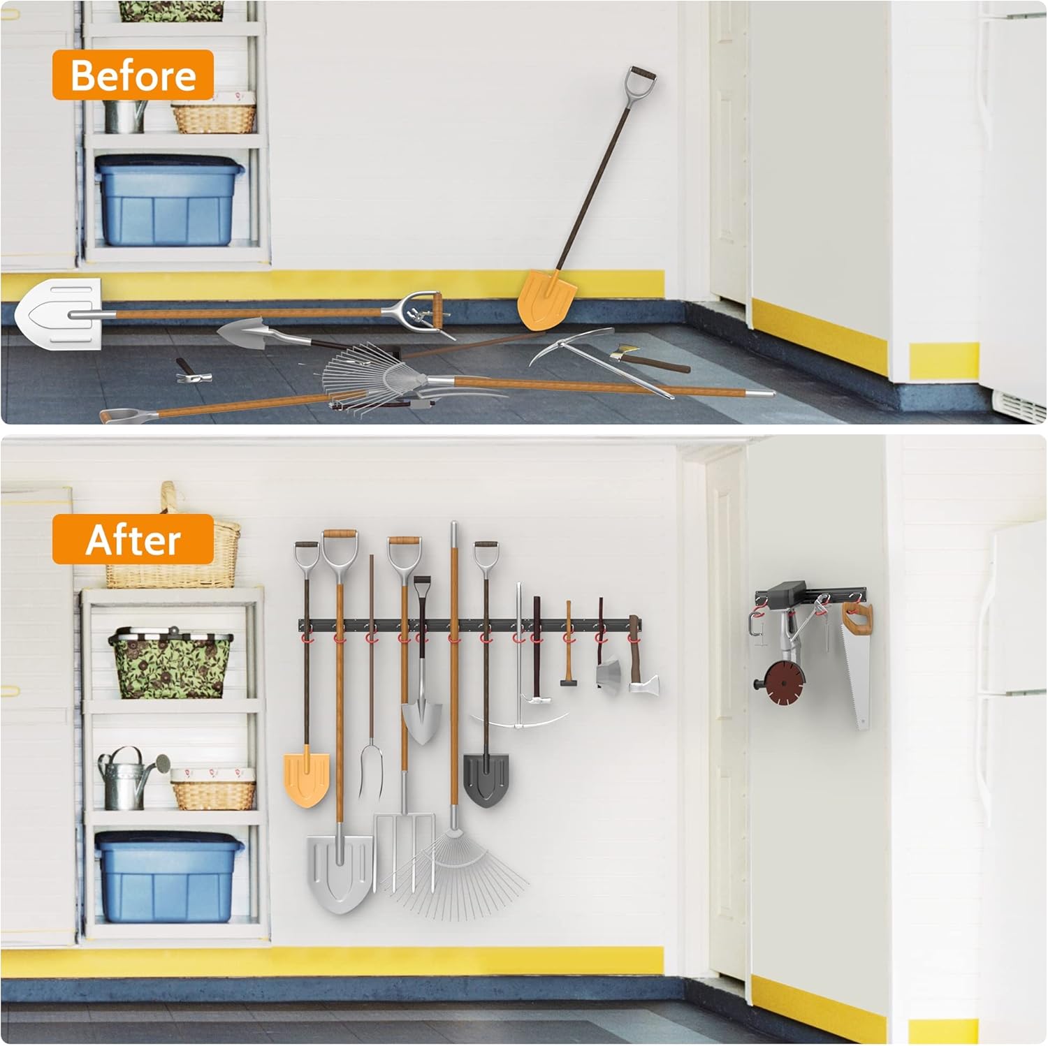 WALMANN All Metal Wall Mount Garden Tool Organizer - 64 Inch Storage Rack with 4 Rails & 16 Hooks