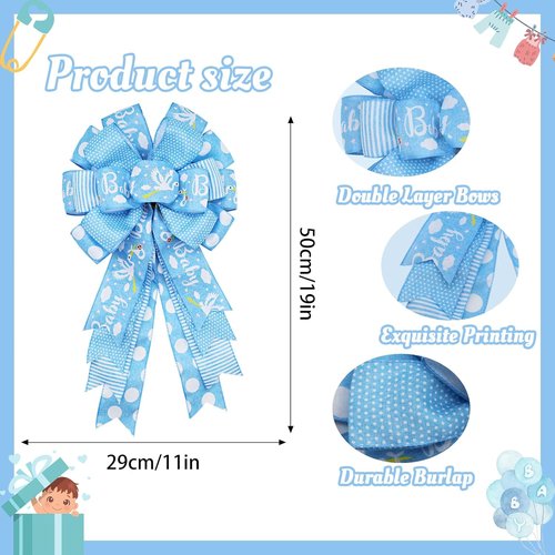 Montekin Large Baby Shower Bows - 20x11 Inch Wired Burlap Wreath Bow for Boys & Girls | Spring Decor (Blue)