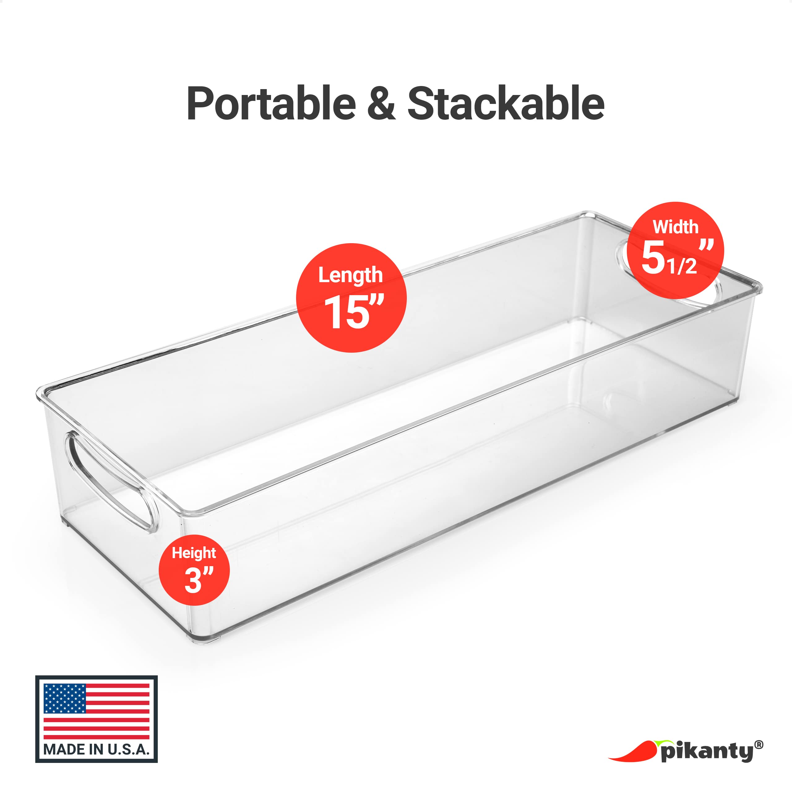 Pikanty Clear Refrigerator Organizer Bin with Handles — 15 Inch Stackable Fridge and Pantry Storage Container for Snacks, Produce, Cans, Yogurt, Condiments, Dishwasher and Freezer Safe, Made in USA