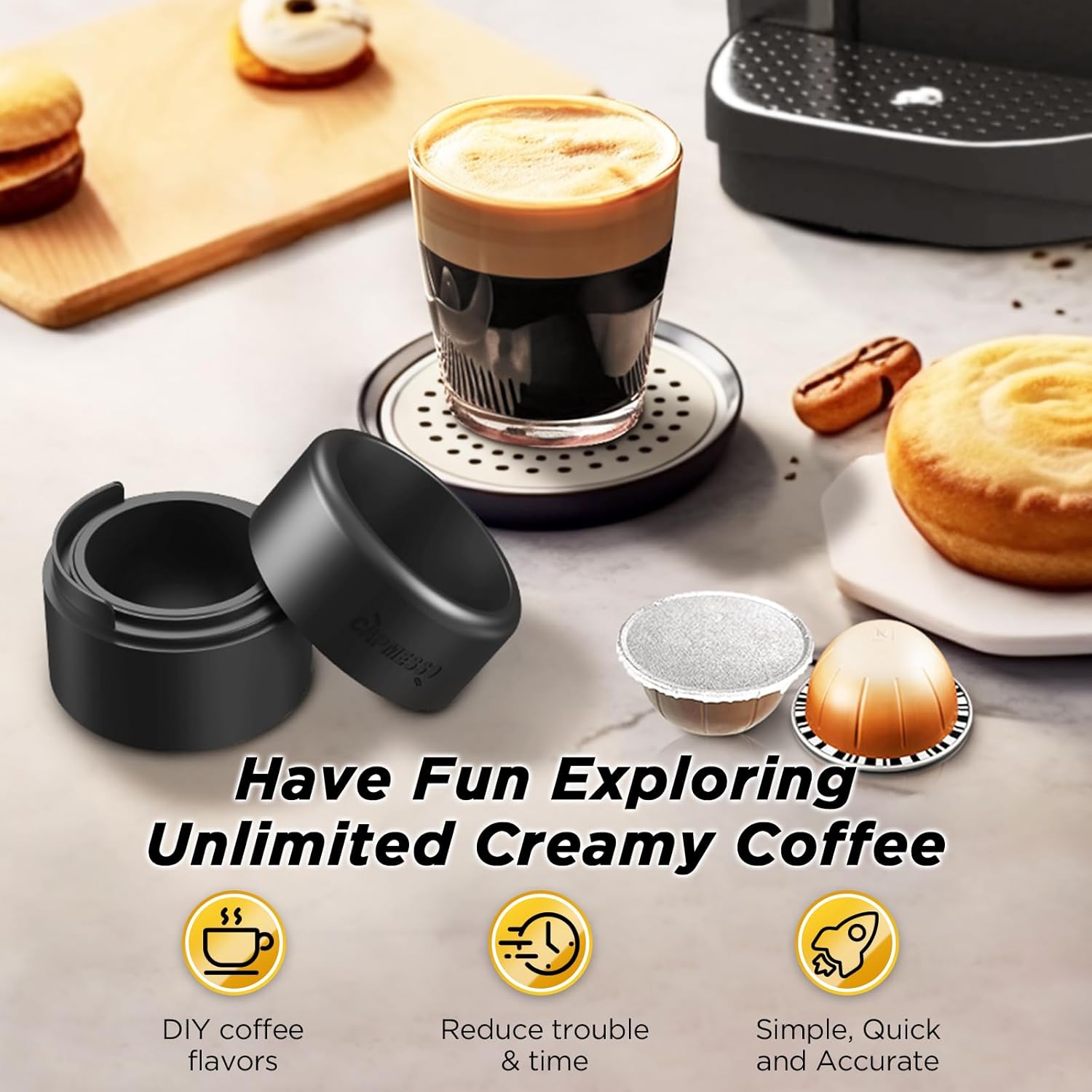 CAPMESSO Reusable Vertuoline Pod Refill Kit - 50 Aluminum Lids with Fill & Press Brush | Eco-Friendly Solution