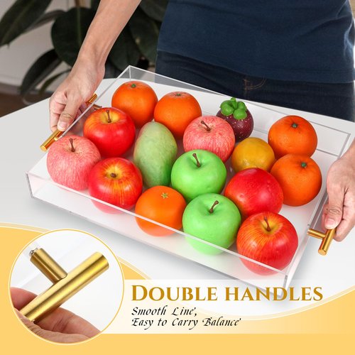 3 Pack Clear Acrylic Serving Tray with Gold Handles, Spill-Proof Acrylic Tray, Decorative Organizer Tray for Coffee Table Countertop Bathroom Vanity Appetizer Breakfast
