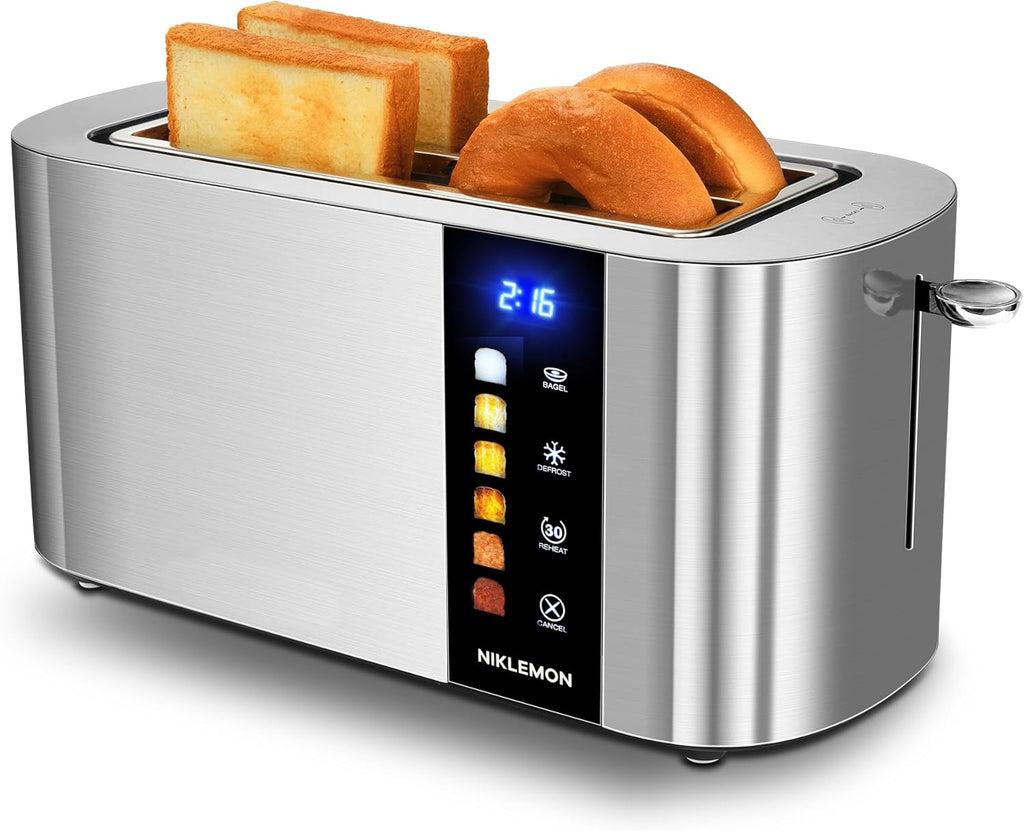 NIKLEMON Stainless Steel 4-Slice Toaster - LED Display, Touch Buttons, Extra Wide Slots, 1300W