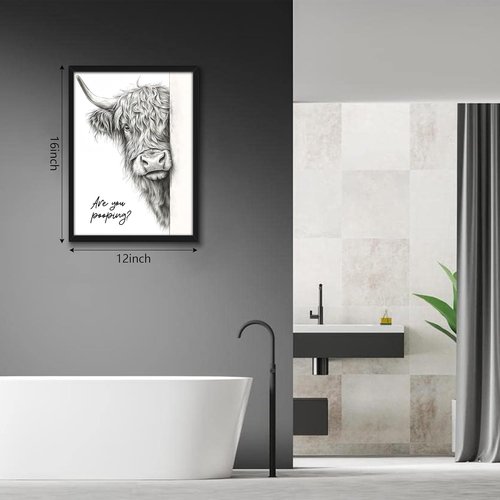 Highland Cow Art | Funny Black and White Bathroom Wall Decor - Rustic 12x16 Inch Framed Canvas Print