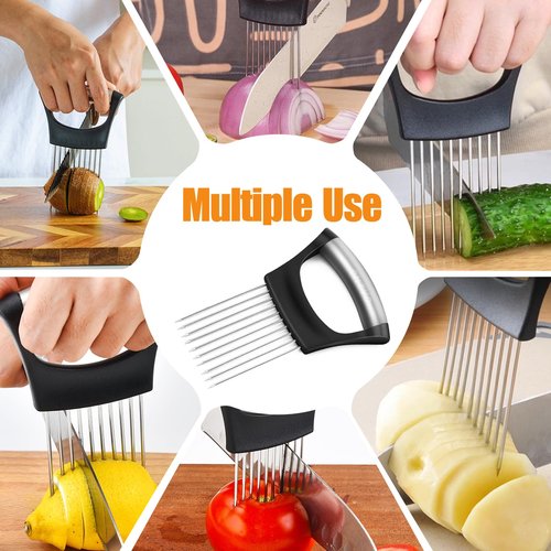CNTVO Onion Holder for Slicing, Stainless Steel Onion Slicer, Onions Slicer Holder with Protective Cover, Multi-Use Vegetable Chopper for Onions Tomatoes Avocados Potato Eggs Kiwifruit Meat Lemon