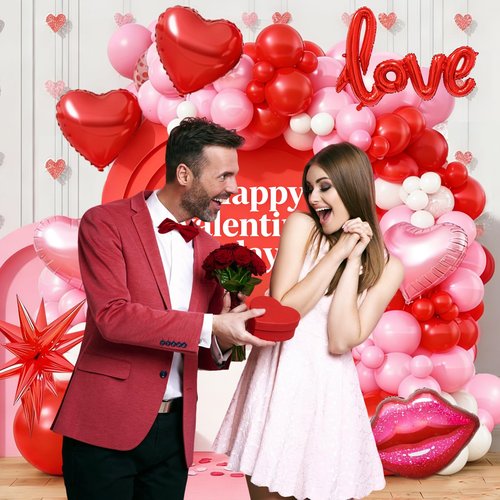 Pink Balloons Garland Kit, Red Pink White Balloons Arch Kit with Red Heart Love Lips Foil Balloons Explosion Star Balloons for Anniversary Galentines Wedding Romantic Decorations
