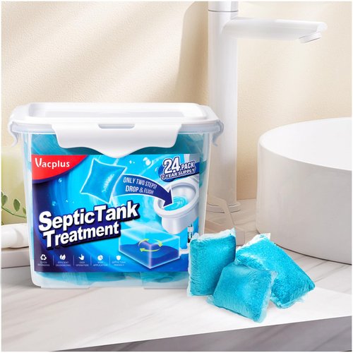 Vacplus Septic Tank Treatment - 24 Packs for 2-Year Supply, Bucket-Packed Septic Tank Treatment Packets, Dissolvable & Flushable Septic Tank Treatment Enzymes with Easy Operation for Wastes & Odors