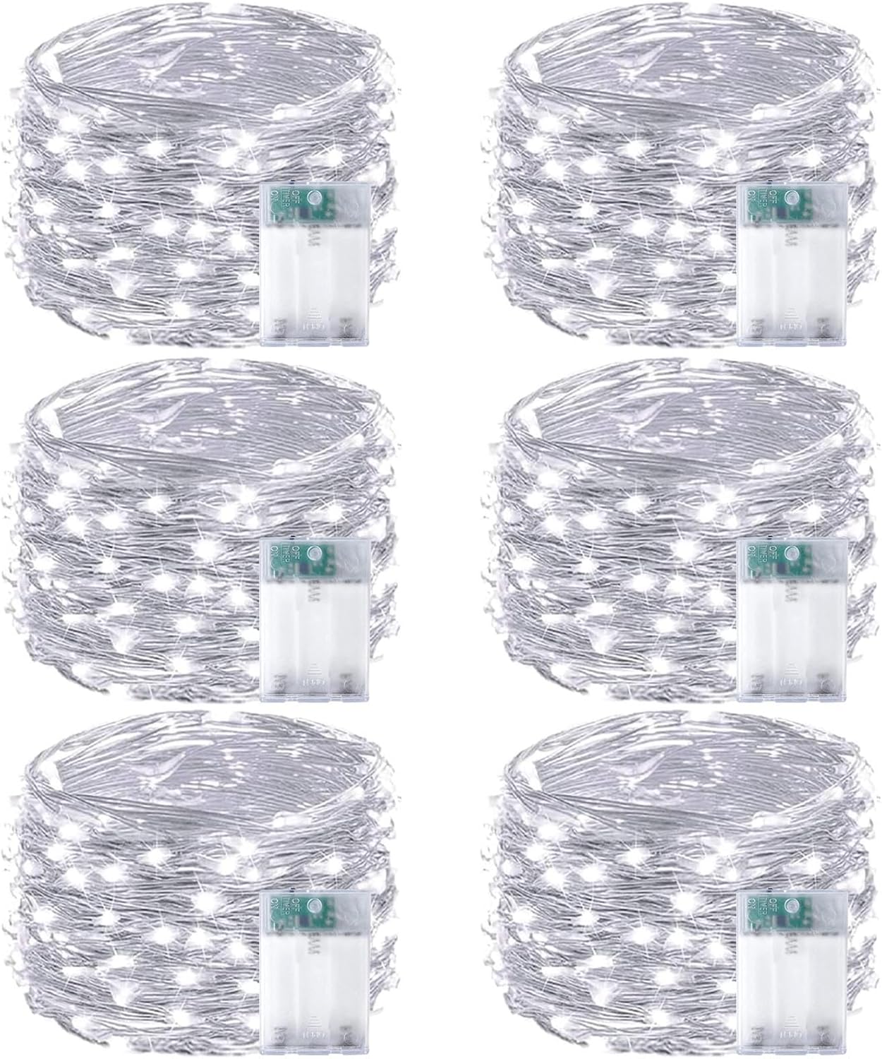 Skiennix 6-Pack Battery Operated Fairy Lights - Waterproof 16FT 50 LED String Lights | Cool White for Indoor/Outdoor Decor