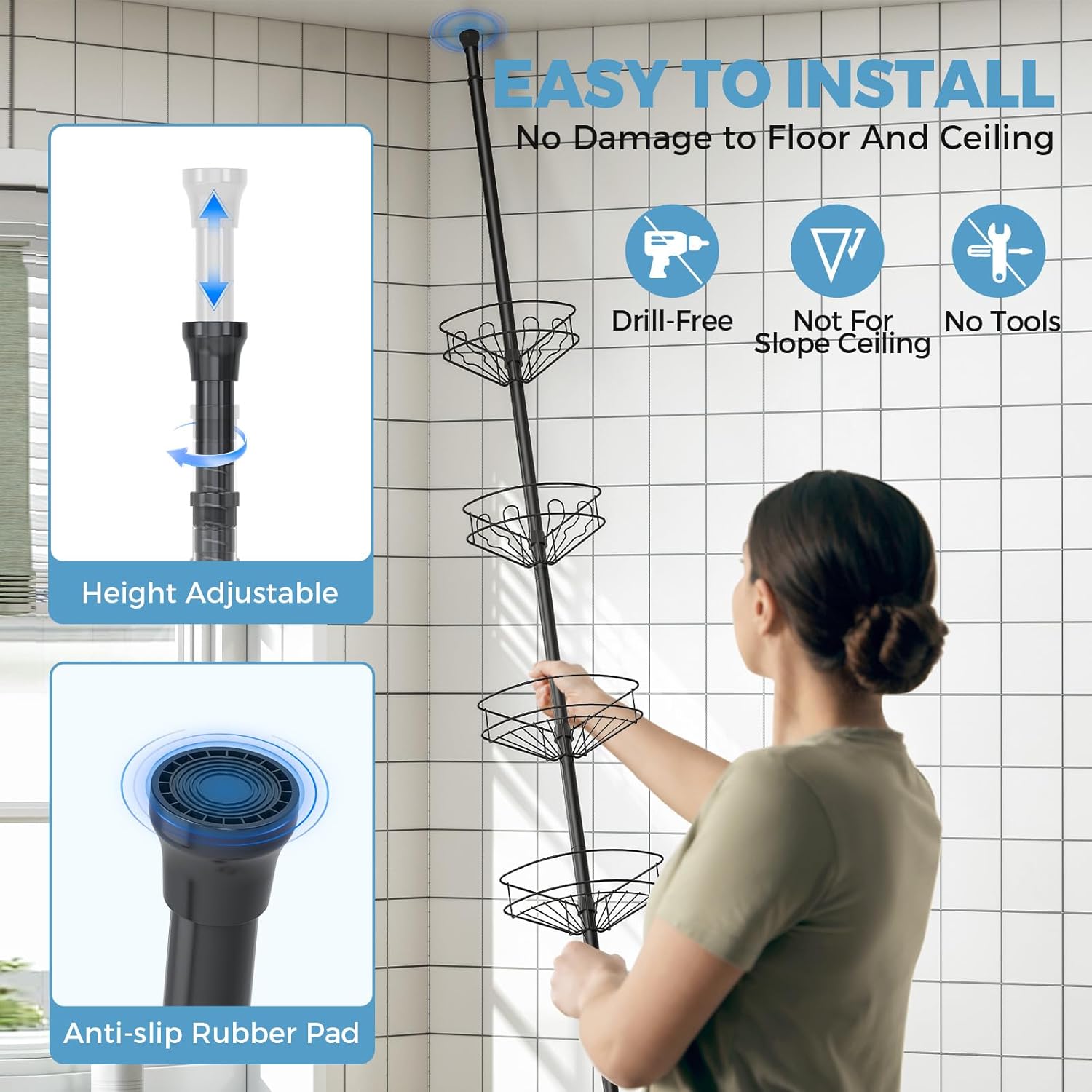 Skiennix Corner Shower Caddy - 4-Tier Adjustable Bathroom Organizer with Hidden Hook & Towel Holder | 63.7-119 Inch, Black