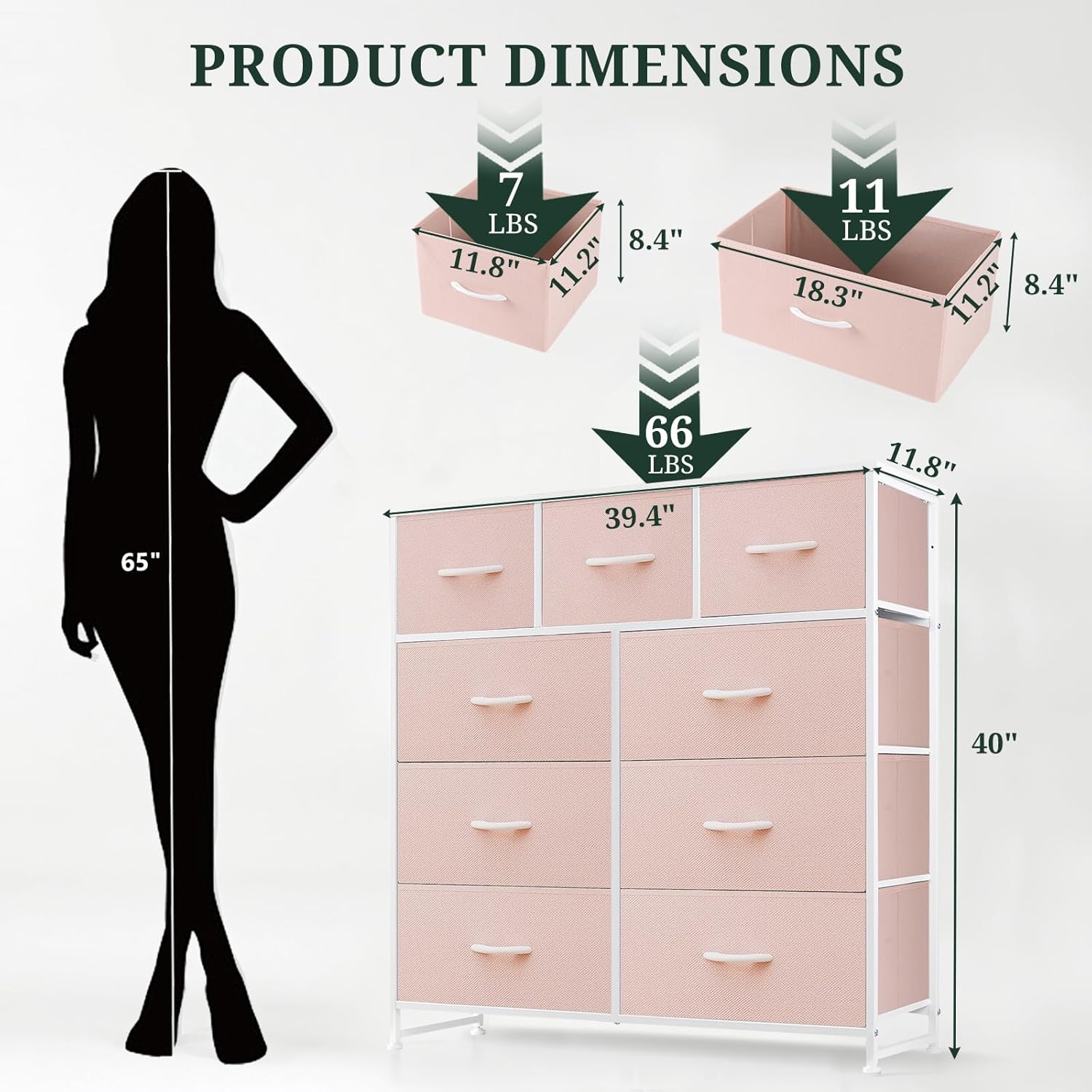 Regine Switzerland 9-Drawer Dresser - Anti-Tip Tall Storage Organizer with Wooden Top & Metal Frame - Pink
